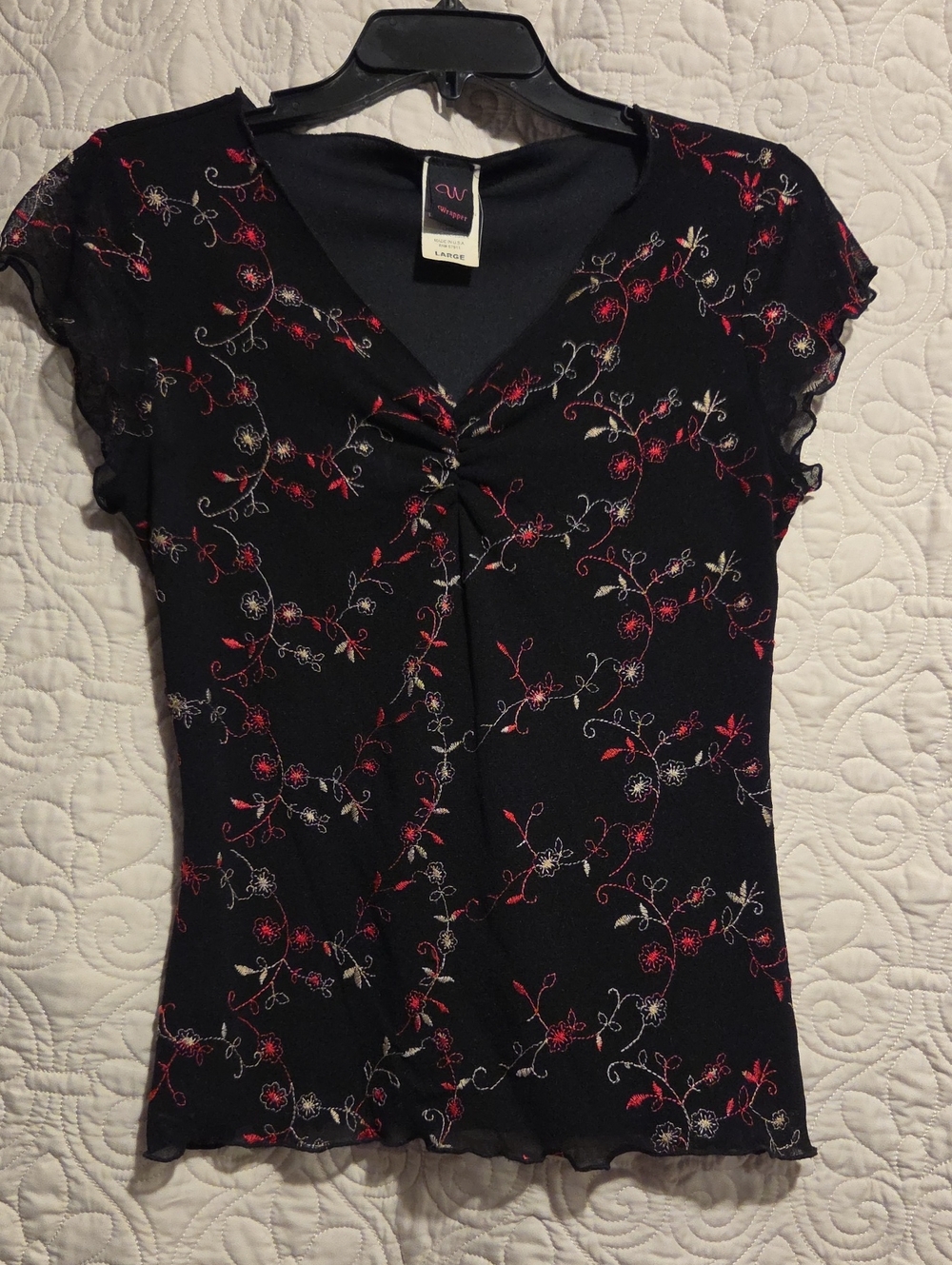 Wrapper Black Short-Sleeve Floral V-Neck Blouse